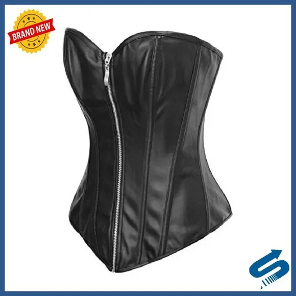 Faux Leather Zipper Front Bustier Corset Top S/M/L/XL/XXL
